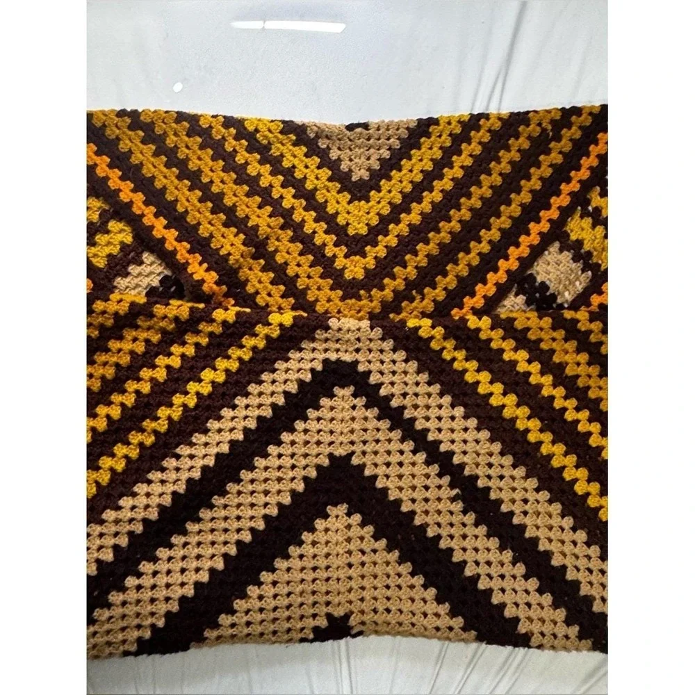 VTG 70s Crochet Afghan Handmade Brown Orange Yellow Band Van Basement Throw